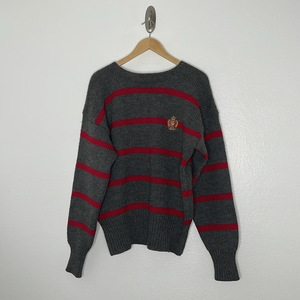 Vintage POLO RALPH LAUREN Gray Red Wool CROWN CREST Embroidered SWEATER Mens XL